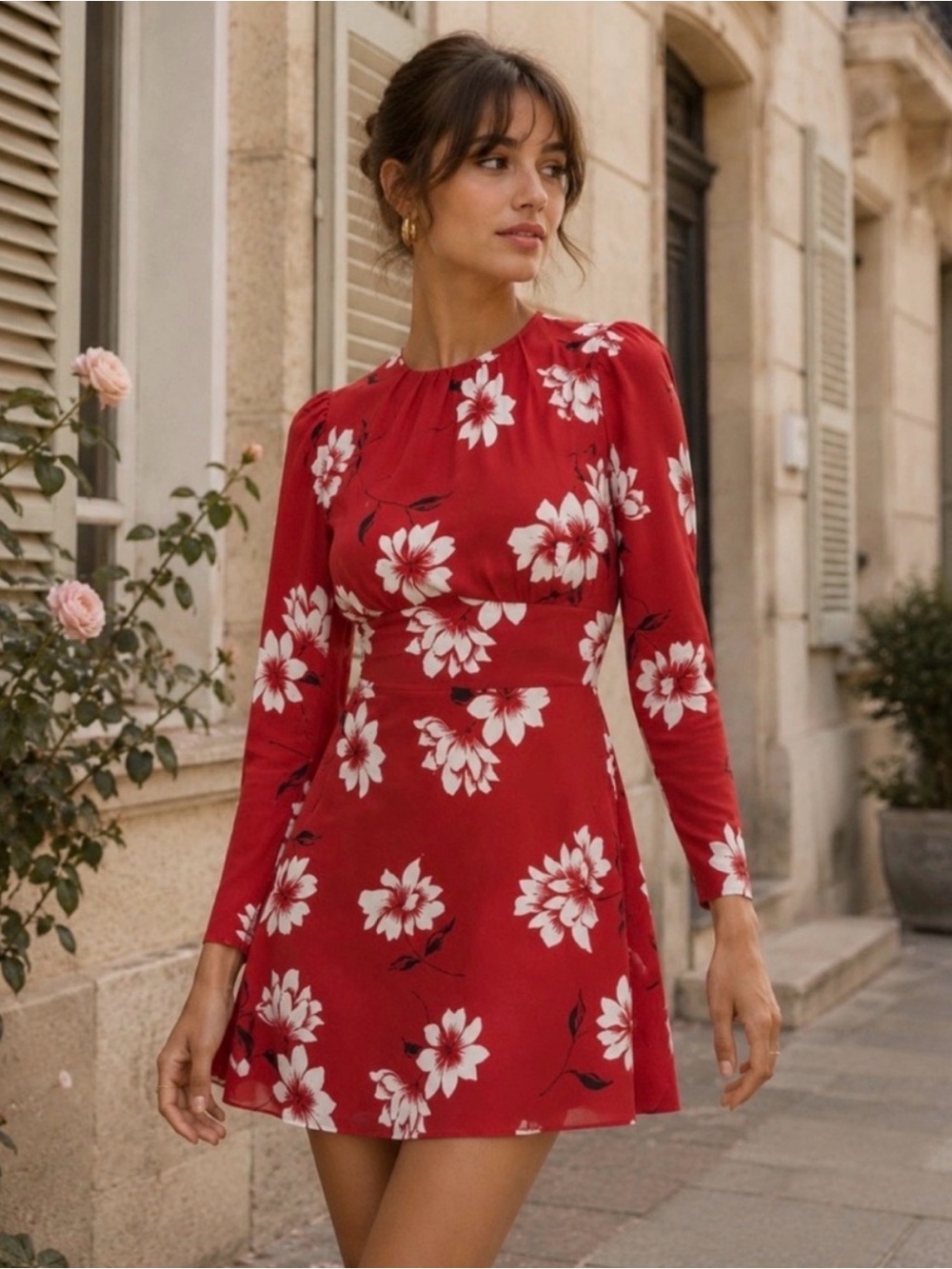 Reformation red floral long sleeve mini dress